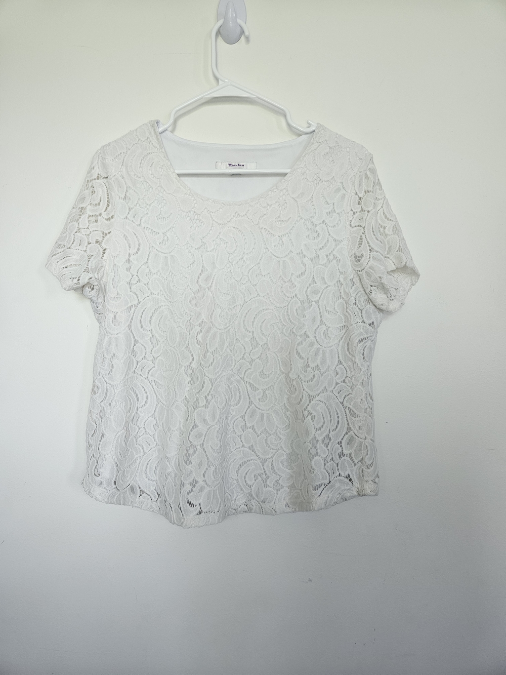 TAN JAY PETITE White Floral Lace Short Sleeve Blouse Lined Top Size M